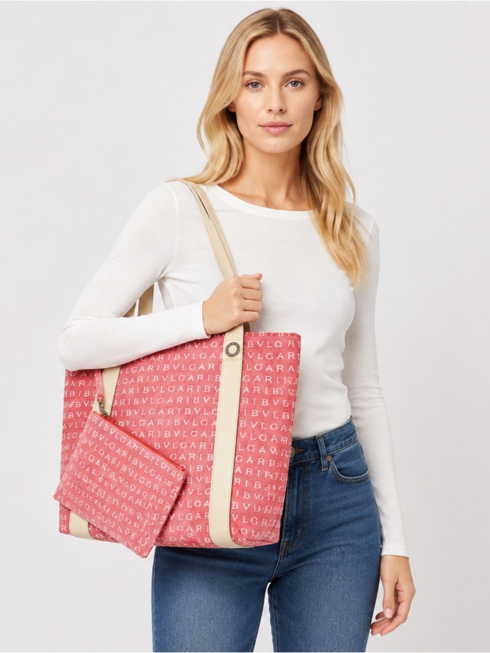 Bvlgari Agatha Jacquard Fabric/Leather Shopping Tote Medium Salmon/Cream w/Pouch